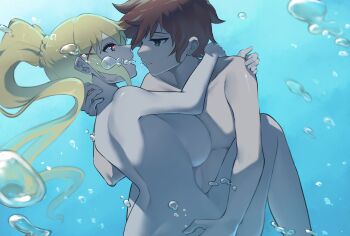 Rule 34 | 1boy, 1girl, absurdres, ass, biru saeika, blonde hair, breasts, brown hair, completely nude, darkness (konosuba), green eyes, heart, heart-shaped pupils, hetero, high ponytail, highres, huge breasts, kono subarashii sekai ni shukufuku wo!, large breasts, long hair, nude, out of frame, ponytail, satou kazuma, sex, symbol-shaped pupils, underwater, underwater sex