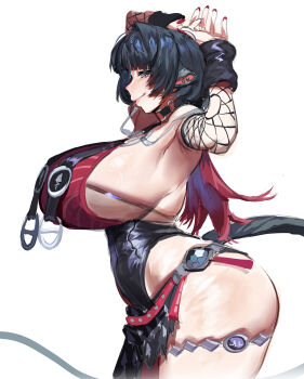 1girl absurdres alternate_breast_size_(larger) animal_ears black_choker black_hair black_one-piece_swimsuit blue_eyes choker commentary english_commentary fishnet_sleeves fishnets gradient_hair highres jane_doe_(nocturne_of_light)_(zenless_zone_zero) jane_doe_(zenless_zone_zero) long_hair looking_at_viewer mouse_ears mouse_girl mouse_tail multicolored_hair nail_polish o-ring o-ring_choker official_alternate_costume one-piece_swimsuit reallycute456 red_hair red_nails smile solo swimsuit tail zenless_zone_zero