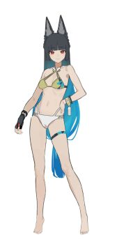 1girl animal_ear_fluff animal_ears barefoot bikini black_gloves black_hair blunt_bangs feet fingerless_gloves fox_ears fox_girl gloves hashtag-only_commentary highres hoshimi_miyabi long_hair red_eyes sidelocks simple_background single_fingerless_glove smile solo standing swimsuit toenails toes user_cxsr8755 white_background zenless_zone_zero