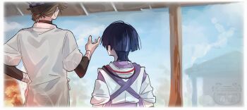 Rule 34 | 2boys, arms at sides, black hair, black sleeves, blunt ends, border, brown hair, clothing cutout, commentary, facing another, facing away, from behind, genshin impact, hair tie, hand on own hip, hand up, headscarf, height difference, japanese clothes, kimono, layered sleeves, long sleeves, low ponytail, multicolored hair, multiple boys, niwa (genshin impact), outdoors, pillar, ponytail, purple hair, purple sleeves, scaramouche (genshin impact), scaramouche (kabukimono) (genshin impact), short over long sleeves, short sleeves, shoulder cutout, sleeves rolled up, streaked hair, string, tasuki, w 0reha, watercolor background, watermark, white border, white kimono, white sleeves, wrist wrap