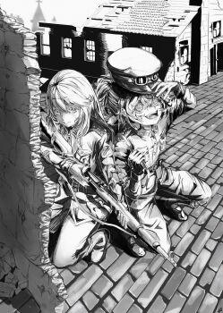 2girls :d crazy gloves greyscale gun hat highres holding holding_gun holding_weapon jacket long_hair medium_hair metallic_box military_hat military_jacket military_uniform monochrome multiple_girls open_mouth outdoors pants rifle shoes smile tanya_degurechaff teeth upper_teeth_only viktoriya_ivanovna_serebryakov weapon youjo_senki