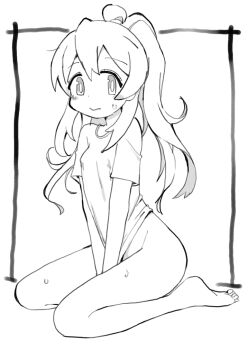 1girl ahoge barefoot black_border blush border bottomless breasts covered_erect_nipples dot_nose expressionless long_hair looking_at_viewer monochrome onii-chan_wa_oshimai! outside_border oyama_mahiro shirt shirt_tug sidelocks simple_background sitting small_breasts soles sweat thighs wariza white_background zubatto_(makoto)