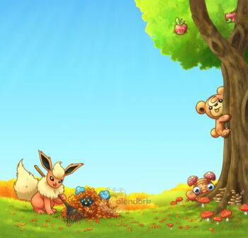 apple applin artist_name autumn autumn_leaves blue_sky clear_sky climbing_tree commentary cosmog day english_commentary flareon food fruit gen_1_pokemon gen_2_pokemon gen_7_pokemon gen_8_pokemon grass holding_rake leaf leaf_pile legendary_pokemon mushroom nintendo no_humans open_mouth outdoors paras pokemon pokemon_(creature) pokemon_focus rake sky smile teddiursa thecalendork tongue tongue_out watermark