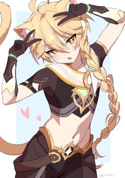 1boy aether_(genshin_impact) ahoge animal_ear_fluff animal_ears arm_armor armor arms_up artist_name belt blonde_hair blue_background blush border braid bright_pupils brown_belt brown_gloves brown_pants cat_boy cat_ears cat_tail cowboy_shot double_v earrings genshin_impact gloves gold_trim hair_between_eyes heart highres jewelry kemonomimi_mode long_hair looking_at_viewer low-braided_long_hair low-tied_long_hair male_focus midriff navel open_mouth orange_eyes outside_border pants scarf short_sleeves shoulder_armor simple_background single_braid single_earring smile solo standing star_(symbol) tail tongue v wai1010 white_border white_pupils white_scarf