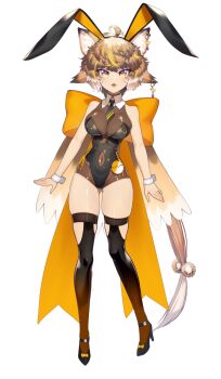 1girl ahoge animal_ear_fluff animal_ear_hairband animal_ears black_leotard black_necktie black_shoes black_thighhighs blonde_hair bow breasts brown_hair brown_thighhighs character_request clothing_cutout cluseller copyright_request covered_navel earrings fake_animal_ears fang footwear_bow gradient_thighhighs hairband high_heels highres jewelry leotard long_hair multicolored_hair navel_cutout necktie open_mouth purple_eyes rabbit_ear_hairband rabbit_ears shoes short_hair short_necktie solo streaked_hair thighhighs very_long_hair white_background white_hair white_wrist_cuffs wrist_cuffs yellow_bow
