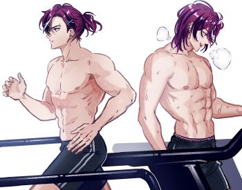 1boy abs arm_up black_hair black_shorts chain chain_earrings collarbone commentary doppio_dropscythe ear_piercing english_commentary exercising eyebrow_piercing face_piercing hair_behind_ear hair_up highres lins_(linszhz) looking_ahead male_focus multicolored_hair multiple_views navel nijisanji nijisanji_en nipples pectorals piercing profile puff_of_air purple_hair shorts simple_background standing streaked_hair sweat toned toned_male topless_male treadmill very_sweaty virtual_youtuber white_background white_hair