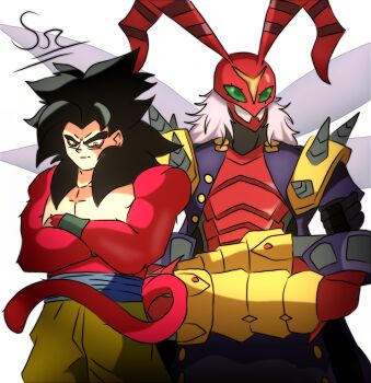 Rule 34 | 2boys, banchostingmon, digimon, digimon (creature), dragon ball, highres, multiple boys, smile, son goku, spikes, super saiyan, super saiyan 4