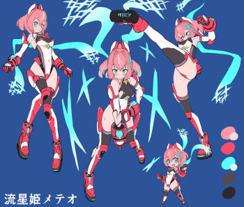1girl absurdres aqua_eyes ass bare_shoulders black_thighhighs blue_background blue_eyes blue_scarf blush boots breasts character_name chibi color_guide covered_navel elbow_gloves full_body gauntlets gloves hair_ornament headgear hero_metero_(kitasshi) highleg highleg_leotard highres kicking kitasshi leotard looking_at_viewer magical_girl medium_breasts medium_hair multicolored_gloves multicolored_hair multiple_views original pink_hair ponytail reference_sheet roller_skates scarf short_hair simple_background skates sketch smile solo standing star_(symbol) thighhighs torn_clothes two-tone_gloves white_gloves white_leotard x_hair_ornament