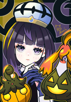 1girl blue_gloves blush bob_cut closed_mouth eyelashes gen_6_pokemon gloves gourgeist gwynn_(pokemon) hat highres long_sleeves looking_at_viewer multicolored_nails nintendo partially_fingerless_gloves pokemon pokemon_(creature) pokemon_legends:_z-a pumpkaboo purple_eyes purple_hair purple_nails short_hair signature two-tone_nails upper_body xujs5337 yellow_nails
