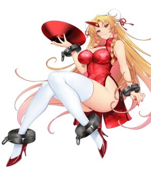 Rule 34 | 1girl, blonde hair, bottomless, bound, bound ankles, bound wrists, braid, breasts, china dress, chinese clothes, cleavage, commentary request, cuffs, cup, curtained hair, curvy, double bun, dress, fang, frown, full body, hair bun, hataraki kuma, high heels, holding, holding cup, horns, hoshiguma yuugi, knees together feet apart, large breasts, legs, long hair, long legs, looking at viewer, oni, pointy ears, red dress, red eyes, red nails, red shoes, shackles, shoes, simple background, single horn, solo, star (symbol), thighhighs, thighs, touhou, transparent background, twin braids, v-shaped eyebrows, very long hair, white thighhighs