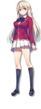 1girl absurdres advanced_nurturing_high_school_uniform black_bow black_shoes blazer blonde_hair blue_eyes bow breasts buttons closed_mouth full_body half_updo highres jacket kneehighs loafers long_sleeves medium_breasts nanase_tsubasa official_art pleated_skirt school_uniform serious shiny_skin shoes skirt socks solo standing tomose_shunsaku transparent_background white_skirt youkoso_jitsuryoku_shijou_shugi_no_kyoushitsu_e