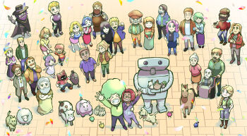 6+boys 6+girls abigail_(stardew_valley) absurdres afro alex_(stardew_valley) apron bird blonde_hair blue_eyes blue_hair blush boots bow braid breast_pocket breasts brown_apron brown_hair caroline_(stardew_valley) chicken cleavage clint_(stardew_valley) collar collared_shirt commentary_request cow crossed_arms demetrius_(stardew_valley) dog duck dwarf_(stardew_valley) elliott_(stardew_valley) emily_(stardew_valley) evelyn_(stardew_valley) everyone facial_hair george_(stardew_valley) glasses gloves goat green_bow green_eyes green_hair green_pants grey_hair grin gus_(stardew_valley) hair_bow hair_ornament haley_(stardew_valley) harvey_(stardew_valley) hat highres holding holding_smoking_pipe hood hoodie horse jas_(stardew_valley) jewelry jodi_(stardew_valley) junimo kent_(stardew_valley) krobus leah_(stardew_valley) lewis_(stardew_valley) linus_(stardew_valley) locked_arms marnie_(stardew_valley) maru_(stardew_valley) multiple_boys multiple_girls mustache nattouan navel necklace necktie open_mouth overalls pam_(stardew_valley) pants penny_(stardew_valley) pierre_(stardew_valley) pig pocket purple_hair rabbit red_hair robin_(stardew_valley) robot sam_(stardew_valley) sebastian_(stardew_valley) shane_(stardew_valley) sheep shirt smile smoking_pipe stardew_valley striped_clothes striped_shirt suspenders vest vincent_(stardew_valley) wheelchair willy_(stardew_valley) wizard_(stardew_valley)