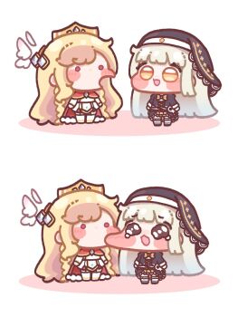 2girls biting biting_cheek black_coif black_dress blonde_hair blush boots braid cape chibi chibi_only crown dress erpin_(trickcal) full_body highres long_hair meme multiple_girls open_mouth panto_pt red_cape simple_background speaki_(trickcal) speakiposting_(meme) tearing_up trickcal twin_braids white_background white_boots white_dress white_hair yellow_eyes