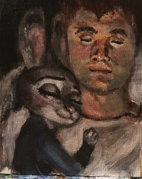 1boy 1girl charlie_kirk closed_eyes commentary english_commentary frpunkjack furry furry_female grey_fur highres judy_hopps painting_(medium) police police_uniform policewoman rabbit_girl real_life realistic sleeping sleeping_on_person smile traditional_media zootopia