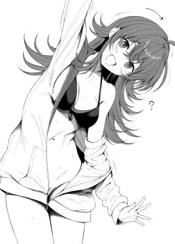 1girl ? ahoge arm_up armpit_crease arrow_(symbol) bikini bikini_top_only blush bottomless breasts cleavage cowboy_shot daiji_pt female_pubic_hair greyscale groin highres idolmaster idolmaster_shiny_colors jacket komiya_kaho leaning_to_the_side light_blush long_hair looking_at_viewer monochrome motion_lines navel off_shoulder open_mouth pubic_hair revision sidelocks simple_background single_bare_shoulder small_breasts smile solo standing swimsuit waving wet