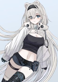 Rule 34 | 1girl, animal ears, arknights, aurora (arknights), belt, black belt, black gloves, black hairband, black shorts, black thighhighs, black tube top, blue background, blue eyes, breasts, cleavage, closed mouth, cowboy shot, eyes visible through hair, gloves, hair ornament, hair over one eye, hairband, hairclip, highres, infection monitor (arknights), light blush, long hair, looking at viewer, micro shorts, midriff, navel, shorts, shrug (clothing), simple background, sleeves past wrists, smile, solo, standing, strapless, thigh strap, thighhighs, tube top, udo (akn otk), very long hair, white hair, white shrug