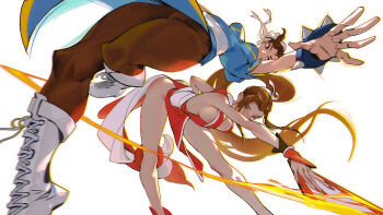 2girls ass bent_over black_pantyhose blue_dress boots bracelet breasts brown_hair capcom china_dress chinese_clothes chun-li cleavage commentary dress fighting fire hand_fan he_xiaotang highres holding holding_fan jewelry lace-up_boots long_hair looking_at_viewer motoyui multiple_girls pantyhose pelvic_curtain ponytail red_dress revealing_clothes sash shiranui_mai simple_background spiked_bracelet spikes street_fighter white_background white_boots white_sash