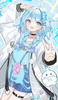 1girl ahoge arm_up blue_bow blue_eyes blue_hair blue_shirt blue_shorts blue_socks bow braid choker collarbone cowboy_shot double_v flowle_ow0 hair_bow hair_ornament heart heart_o-ring highres hololive hololive_dev_is jacket lightning_ahoge long_hair long_sleeves looking_at_viewer loose_socks low_twin_braids mizumiya_su mizumiya_su_(1st_costume) multicolored_hair o-ring o-ring_choker o-ring_thigh_strap open_mouth phone purple_hair shirt shoes shorts smile socks solo streaked_hair teeth thigh_strap torn_clothes torn_shirt twin_braids two-tone_hair upper_teeth_only v virtual_youtuber white_jacket white_shoes x_hair_ornament