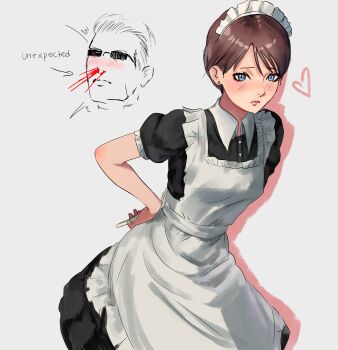 1boy 1girl absurdres albert_wesker alternate_costume apron arrow_(symbol) bad_id bad_twitter_id blood blue_eyes breasts brown_hair dress drop_shadow earrings english_text enmaided highres jewelry leaning_forward lips looking_at_viewer maid maid_headdress nosebleed puffy_short_sleeves puffy_sleeves rebecca_chambers resident_evil short_hair short_sleeves simple_background standing stud_earrings white_apron white_background yh114019