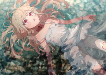 1girl afloat bare_shoulders blush bracelet collar dress fang feet_out_of_frame from_above grey_hair highres jewelry long_hair makaino_ririmu makaino_ririmu_(3rd_costume) multicolored_hair nijisanji open_mouth panties partially_submerged pink_hair pointy_ears red_collar red_eyes sabamen see-through_clothes skin_fang solo strap_slip two-tone_hair underwear virtual_youtuber water wet white_dress white_panties
