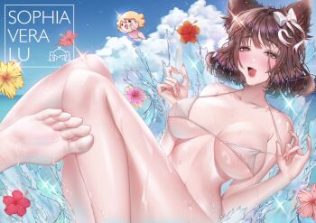 1girl artist_name barefoot bikini bow brown_eyes brown_hair cloud collarbone commentary fang flower hair_bow highres open_mouth original pink_flower red_flower sky smile solo sophia_vera_lu swimsuit wet white_bikini white_bow yellow_flower