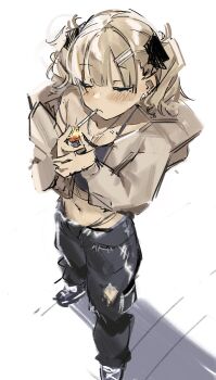 1boy black_camisole black_pants black_ribbon blush brown_jacket camisole cigarette closed_eyes collarbone_piercing commentary cropped_jacket crossdressing crossdressing_(mtf) ear_piercing english_commentary frown full_body glint hair_ornament hair_ribbon hairclip highres holding holding_lighter jacket lighter lighting_cigarette long_sleeves male_focus medium_hair midriff mole mole_under_eye nabi_(xcider) navel open_clothes open_jacket original pants parallel_hairclips piercing ribbon simple_background sketch solo spaghetti_strap standing strap_slip torn_clothes torn_pants trap twintails white_background xcider