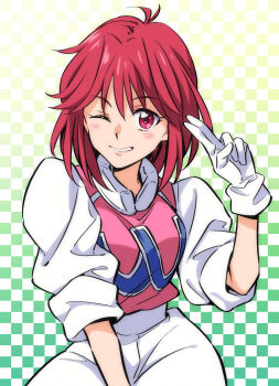 1girl agahari asahina_yuko between_legs breasts checkered_background commentary_request cosplay cowboy_shot gradient_background hand_between_legs hand_up highres looking_at_viewer medium_breasts one_eye_closed pants parted_lips pastel_(twinbee) pastel_(twinbee)_(cosplay) pink_shirt red_eyes red_hair salute shirt sleeves_rolled_up smile solo tokimeki_memorial tokimeki_memorial_1 twinbee two-finger_salute two-tone_shirt white_pants white_shirt
