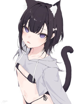 1girl absurdres animal_ear_fluff animal_ears bikini bikini_under_clothes black_bikini black_hair bow braid braided_bangs breasts cat_ears cat_girl cat_tail commentary_request cropped_hoodie drawstring grey_bow grey_hoodie hair_bow highres hood hood_down hoodie long_hair looking_at_viewer mayogii navel original purple_eyes side-tie_bikini_bottom simple_background small_breasts solo swimsuit tail tongue tongue_out white_background