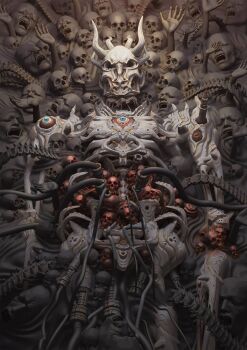 cable closed_eyes commentary extra_eyes frown furrowed_brow highres horns horror_(theme) kiginobiru_(hayapi) monster open_mouth original petrification reaching science_fiction skeletal_arm skull third_eye_on_chest