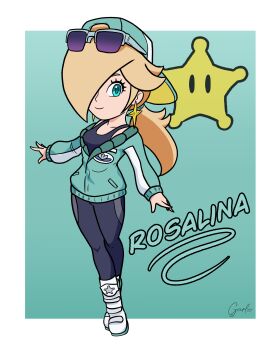 1girl absurdres backwards_hat black_pants black_shirt blonde_hair blue_background blue_eyes blue_jacket boots border character_name closed_mouth earrings eyelashes eyewear_on_head full_body garloo hair_over_one_eye hat highres jacket jewelry long_hair long_sleeves looking_at_viewer mario_(series) mario_kart mario_kart_world nintendo official_alternate_costume outside_border pants partially_open_jacket rosalina rosalina_(touring) shirt signature smile solo star_(symbol) star_earrings sunglasses super_star_(mario) white_boots white_border