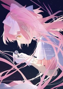 Rule 34 | 2girls, absurdly long hair, armor, artist name, bandaged head, bandages, blue hair, blue skirt, blue sleeves, bow, breastplate, cape, choker, closed eyes, collared cape, commentary, dress, floating hair, from side, giant, giantess, gloves, hair bow, hand on own stomach, highres, in palm, kaname madoka, layered sleeves, long hair, long sleeves, looking to the side, mahou shoujo madoka magica, mahou shoujo madoka magica: walpurgis no kaiten, miki sayaka, miki sayaka (magical girl), multiple girls, pink hair, short hair, short sleeves, sidelocks, sideways glance, signature, sitting, size difference, skirt, space, star (sky), starry sky background, thighhighs, transparent wings, two side up, ultimate madoka, un nm5sy, very long hair, watermark, white bow, white cape, white choker, white dress, white gloves, white thighhighs, wings, yellow eyes