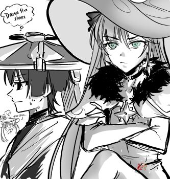 Rule 34 | 1boy, 1girl, aqua eyes, artist name, blunt ends, bodysuit, bow, brooch, cape, capelet, choker, choppy bangs, closed mouth, collarbone, commentary, crescent, crescent hat ornament, crossed arms, disembodied hand, disembodied head, earrings, english commentary, english text, eyelashes, fur-trimmed capelet, fur trim, genshin impact, greyscale, hair bow, hand on own arm, hat, hat ornament, highres, jewelry, jingasa, jitome, kacchan 09, leotard, long hair, looking at viewer, looking to the side, mandarin collar, mona (genshin impact), monochrome, nervous sweating, scaramouche (genshin impact), sidelocks, sideways mouth, sketch, speech bubble, spot color, star (symbol), star brooch, star choker, star earrings, star hat ornament, sweat, tsurime, twintails, wanderer (genshin impact), white background, witch hat