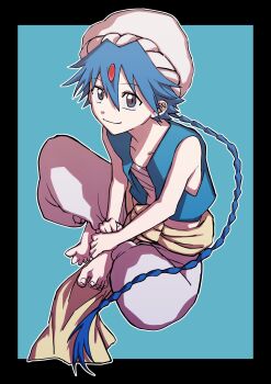 1boy aladdin_(magi) arabian_clothes baggy_pants bandaged_chest barefoot black_border blue_background blue_hair border braid braided_ponytail closed_mouth cropped_vest full_body hair_ornament hashtag-only_commentary highres long_hair lq141r magi_the_labyrinth_of_magic male_focus pants single_braid sitting solo turban vest