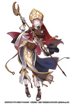 1girl armor bare_hips breasts brown_sandals crescent_moon earrings fantasy gem hat high_collar highres holding holding_staff hoop_earrings jewelry kuroi_susumu leather_armor medium_breasts moon necklace official_art open_mouth priest sandals see-through_body smile staff sword_world sword_world_2.5 white_gemstone wrist_wrap