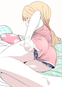 Rule 34 | 1girl, adjusting clothes, adjusting panties, ass, bed, blonde hair, highres, long hair, on bed, panties, pillow, ponyara ta, ruri no houseki, short shorts, shorts, simple background, tanigawa ruri, underwear, white background