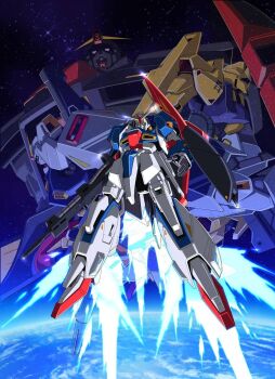 arm_shield beam_rifle earth_(planet) energy_gun green_eyes gun gundam gundam_mk_ii highres holding holding_gun holding_weapon hyaku_shiki kotobuki_tsukasa looking_at_viewer mecha mecha_focus mobile_suit official_art outdoors pink_eyes planet projected_inset psycho_gundam robot science_fiction shield space star_(sky) third-party_source thrusters v-fin weapon zeta_gundam zeta_gundam_(mobile_suit)
