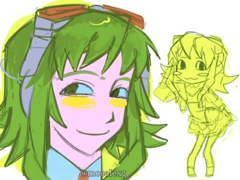Rule 34 | 1girl, :3, aura, chibi, chibi inset, close-up, closed mouth, detached collar, green eyes, green hair, grey-framed eyewear, gumi, hatsuno, headphones, jacket, looking at viewer, open clothes, open jacket, outer glow, red-tinted eyewear, skirt, smile, tinted eyewear, vocaloid, watermark, white background