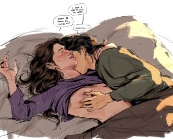 2girls agatha_all_along agatha_harkness barbell_piercing blush breasts brown_hair commentary english_commentary english_text evgar freckles grabbing_another's_breast green_sweater groping hand_on_another's_neck highres kiss kissing_neck medium_breasts multiple_girls nipple_piercing nipples parted_lips piercing purple_shirt rio_vidal shirt simple_background speech_bubble sweater under_covers white_background yuri