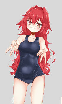 1girl black_one-piece_swimsuit breasts collarbone cowboy_shot double_v gluteal_fold grey_background highres kantai_collection large_breasts long_hair looking_at_viewer mf_u_c one-hour_drawing_challenge one-piece_swimsuit phoenix_(kancolle) red_eyes red_hair school_swimsuit smile solo swimsuit v