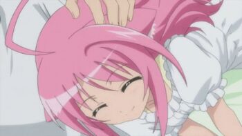 Rule 34 | 1girl, animated, animated gif, anime screenshot, closed eyes, dog days, headpat, lowres, millhiore f. biscotti, pink hair, solo, tagme