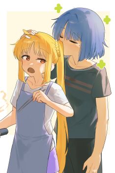 2girls absurdres apron black_shirt blonde_hair blue_apron blue_hair bocchi_the_rock! border closed_eyes commentary eltir hand_on_another's_head highres ijichi_nijika long_hair mole mole_under_eye multiple_girls open_mouth purple_shorts red_eyes shirt shorts side_ponytail simple_background untranslatable_commentary white_border white_shirt yamada_ryo yellow_background yuri