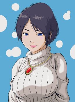 1girl black_hair blue_background blue_eyes breasts commentary_request gem hashtag-only_commentary highres jewelry large_breasts lee_(dragon_garou) necklace original pink_lips ribbed_sweater short_hair smile solo sweater turtleneck turtleneck_sweater upper_body