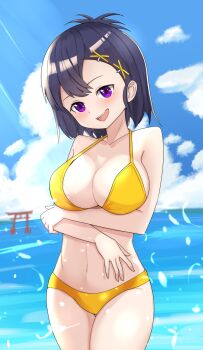 1girl alternate_breast_size aoi_illust_2077 bare_arms bare_legs bare_shoulders bikini blush breasts cloud collarbone day dot_nose feet_out_of_frame female_focus gabriel_dropout hair_between_eyes highres large_breasts legs looking_at_viewer medium_hair navel open_mouth outdoors purple_eyes purple_hair sky solo standing sunrays swimsuit teeth thighs torii vignette_tsukinose_april wet yellow_bikini