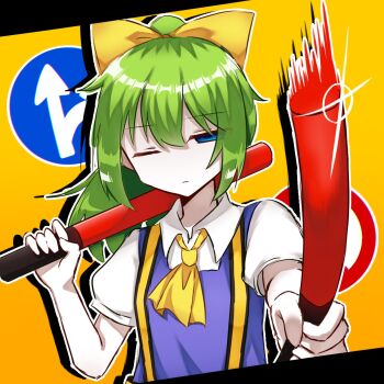 Rule 34 | 1girl, akikann111, ascot, blue eyes, blue vest, bow, closed mouth, collared shirt, colored skin, commentary request, cookie (touhou), diyusi (cookie), frilled necktie, green hair, high-visibility clothing, high-visibility vest, highres, looking at viewer, medium hair, one eye closed, ponytail, road sign, shirt, sign, straight or right turn sign, traffic baton, unusually open eyes, upper body, vest, white shirt, white skin, yellow ascot, yellow background, yellow bow