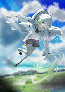 1girl absurdres ahoge black_shorts brown_footwear casting_spell es_limi falling gradient_hair green_hair highres holding holding_wand hood hooded_jacket jacket midair mountainous_horizon multicolored_hair mushoku_tensei navel open_mouth red_eyes short_hair shorts solo spell sylphiette_(mushoku_tensei) wand white_hair white_jacket