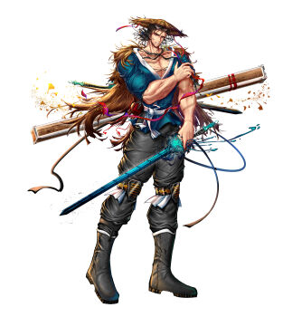 Rule 34 | 1boy, absurdres, bara, beard, black boots, black hair, black pants, boots, brown hair, commentary request, facial hair, full body, glowing, glowing weapon, hat, highres, holding, holding sword, holding weapon, jewelry, large pectorals, long legs, looking at viewer, male focus, manly, mature male, medium hair, muscular, muscular male, necklace, original, pants, pectoral cleavage, pectorals, recenama, scar, scar on face, sheath, sideburns, simple background, solo, standing, straw hat, stubble, sword, weapon, white background