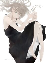 Rule 34 | 1girl, absurdres, bare shoulders, barefoot, black dress, dress, green eyes, grey hair, hair spread out, highres, junito715, knees up, light smile, long hair, looking at viewer, original, simple background, solo, toes, white background