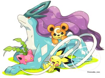 animal_focus bear claws closed_eyes closed_mouth full_body gen_2_pokemon highres hoppip leaf legendary_pokemon nintendo no_humans open_mouth pichu pokemon pokemon_(creature) pokemon_focus red_eyes rorosuke simple_background smile suicune teddiursa white_background