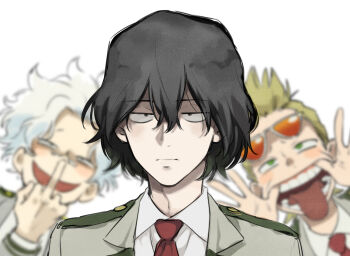 3boys aged_down aizawa_shota black_hair blonde_hair blurry blurry_background boku_no_hero_academia depth_of_field expressionless eyewear_on_head hair_between_eyes long_bangs loud_cloud making_faces male_focus messy_hair middle_finger multiple_boys open_mouth present_mic quiff school_uniform short_hair solo_focus tongue tongue_out u.a._school_uniform ura_musi vigilante_-boku_no_hero_academia:_illegals- white_background white_hair
