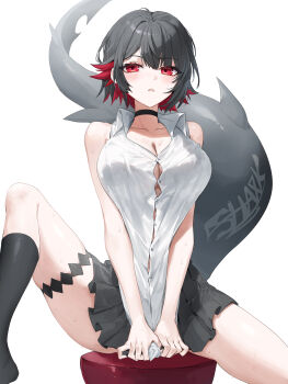 1girl absurdres bare_shoulders black_choker black_hair black_skirt black_socks breasts button_gap choker cleavage clothes_pull collared_shirt ellen_joe fins fish_tail hibiwa highres kneehighs large_breasts leg_up looking_at_viewer miniskirt multicolored_hair parted_lips pleated_skirt pulling_own_clothes red_eyes shark_tail shirt shirt_pull short_hair simple_background sitting skirt sleeveless sleeveless_shirt socks solo tail thigh_strap thighs two-tone_hair white_background white_shirt zenless_zone_zero